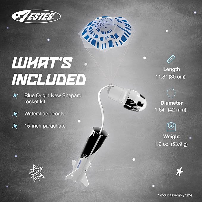 Estes 7315 Blue Origin New Shepard Builder Kit, Intermediate Flying-Rocket Model Kit for Ages 10+, Includes Model Parts and Parachute