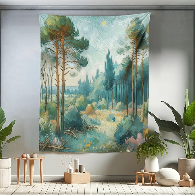 Ambesonne Forest Tapestry Twin Size, Trees Bushes Sky with Dramatic Brush Stroke Effects Post-Impressionism, Wall Hanging Bedspread Bed Cover Wall Decor, 68" X 88", Cadet Blue Green Amber