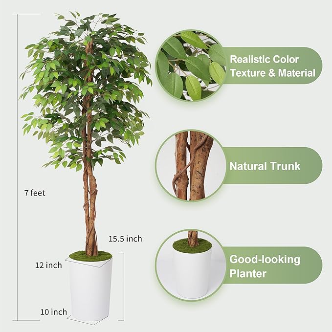 7Ft Artificial Ficus Tree in Large Tall Planter - Faux Indoor Plant with Realistic Wood Trunk - Large Tall Fake Plant for Home, Office, Living Room, Patio Decoration