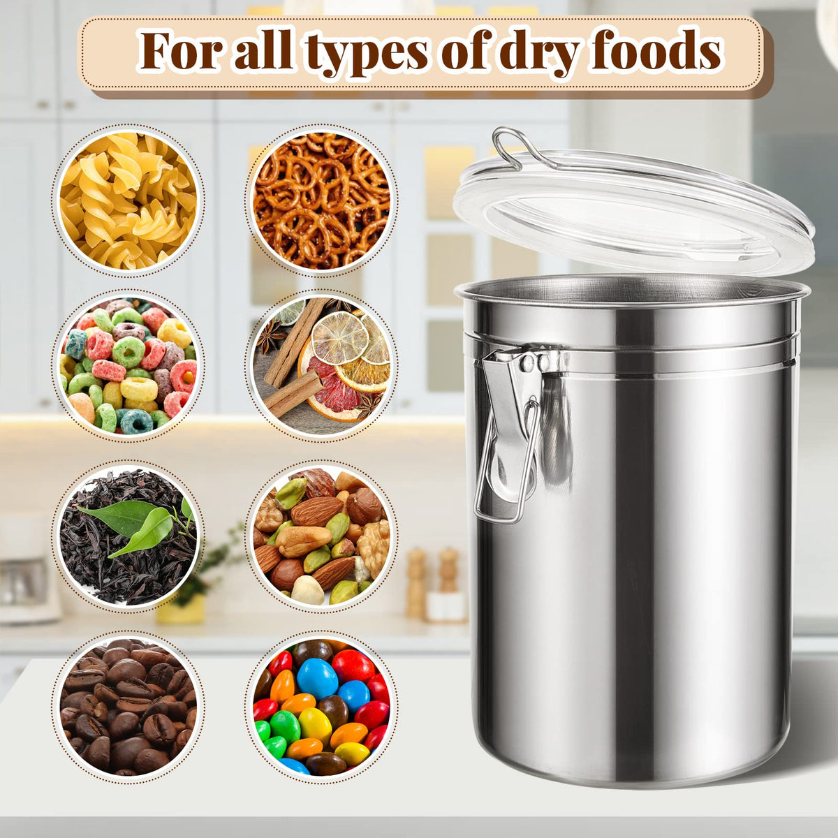 Lallisa 12 Pcs Stainless Steel Kitchen Canister 62 fl oz with Airtight Clear Clamp Lid, Metal Food Storage Container Set for Coffee Bean Ground Coffee Flour Sugar Spice Tea Cereal Snack Candy Pantry