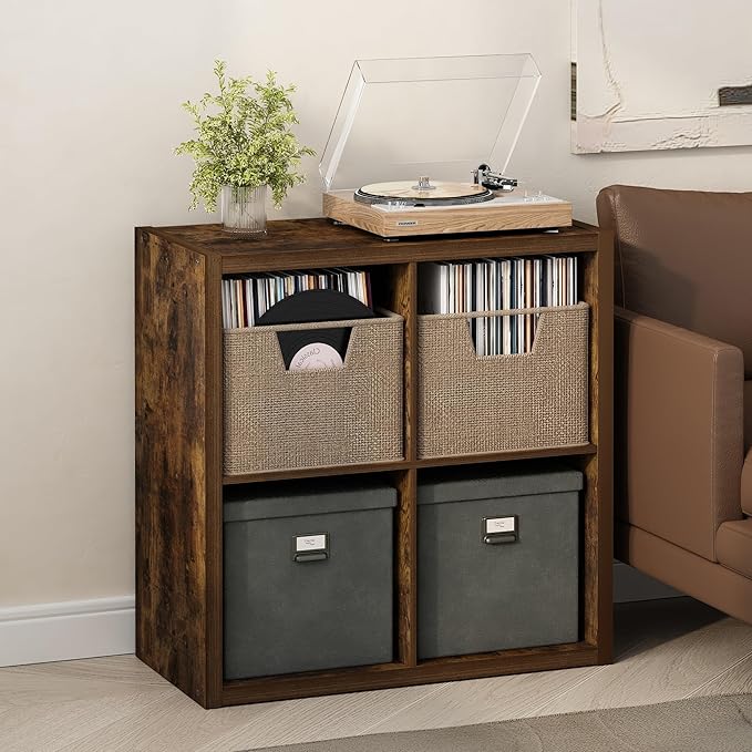 Furinno Cubicle Record Player Stand with Vinyl Storage, 4-Cube 1.2 Extra Thick Vinyl Record Storage, Open Back Media Shelf for CD DVD Blueray Game Disc, for Living Room, Home Office, Amber Pine