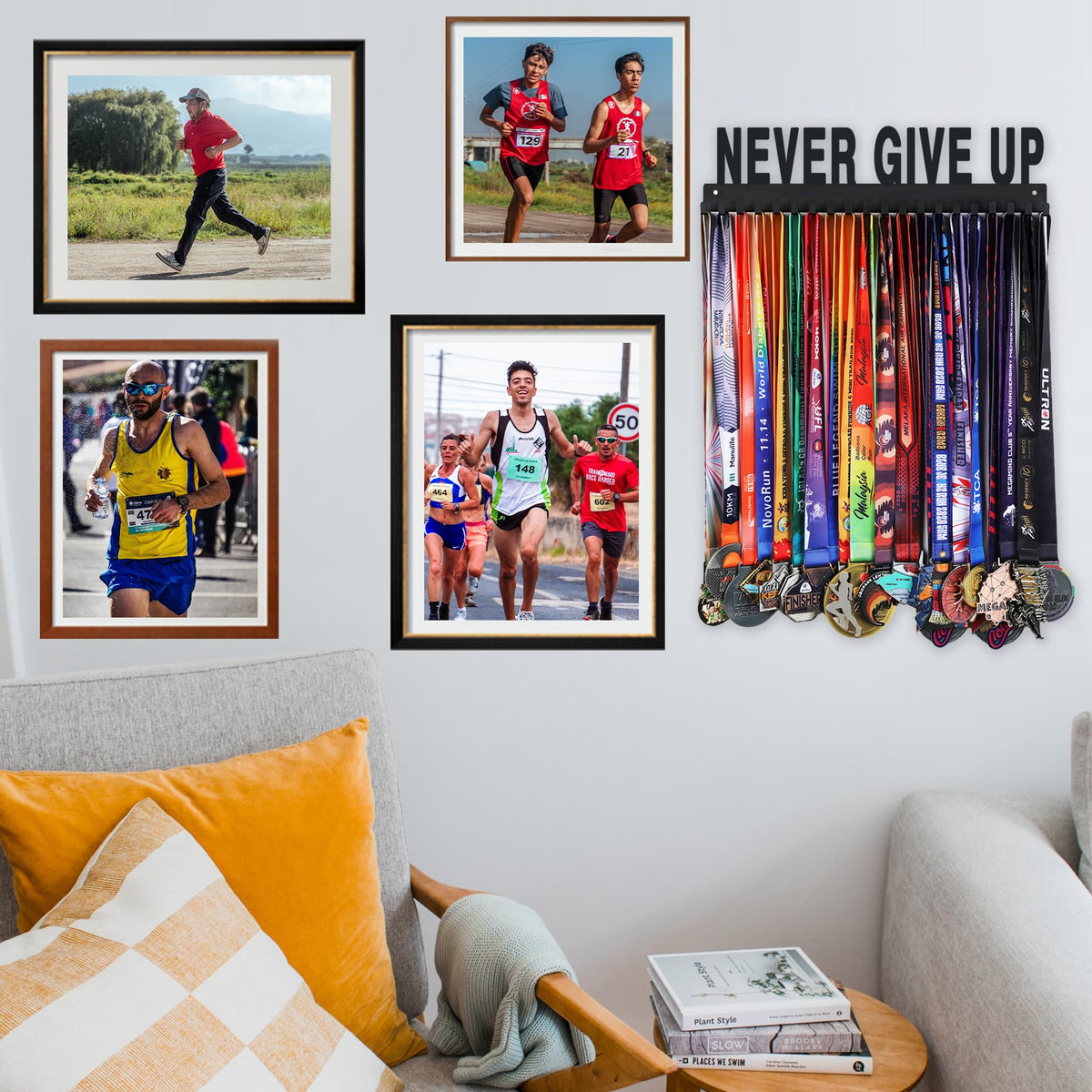 Goutoports Medal Holder Display Hanger Rack Frame for Sport Race Runner-Never Give Up - Sturdy Black Steel Metal Over 60 Medals Easy to Install-HOL30