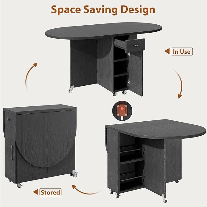 Folding Dining Table for 4 Kitchen Dining Room DinnerTable with Storage Drawer Space Saving Oval Foldable Drop Leaf Gateleg Furniture for Small Space (Black, 47 * 23.6 * 30)