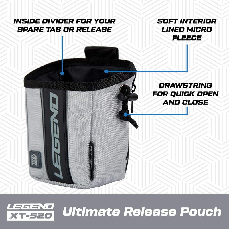 LEGEND XT520 Quick Release Pouch & Finger Tab Bag - Interior Divider for Better Organization & Storage of Release Aids - Attaches to Standard 2" Belt - Quick Drawstring Closure (Grey)