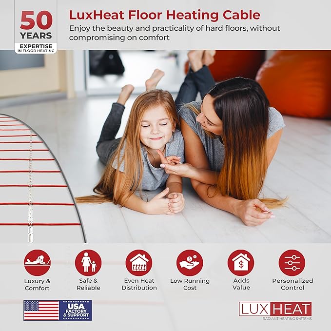 130sqft Floor Heating Cable Kit - 120v In Floor Heat Kit - Heated Flooring System for Vinyl - Includes UDG Programmable Thermostat w/GFCI, Electric Heating Cable, Strapping, Sensor & Alarm