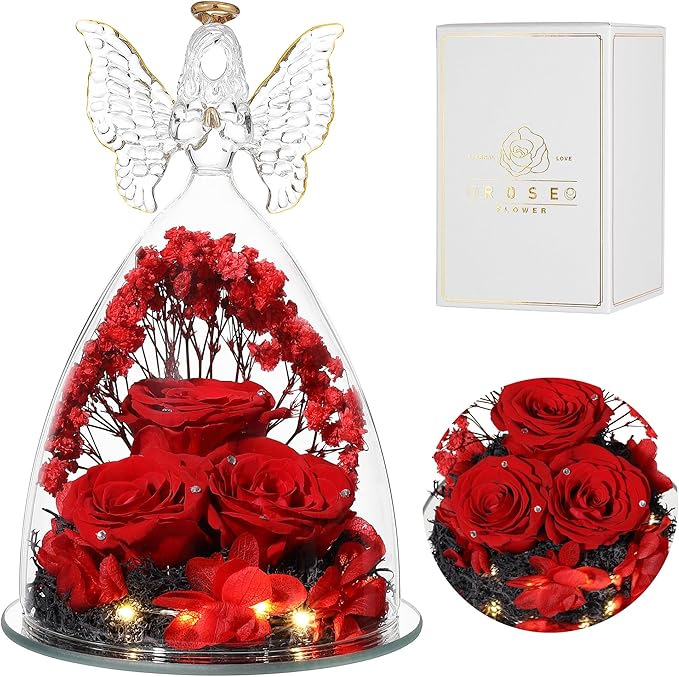 Ocosy Mothers Day Rose Gifts for her, Large Angel Rose Gifts for Women, Forever Real Roses in Angel Figurines, Angel Guardian with Roses Flower, Crystal Red
