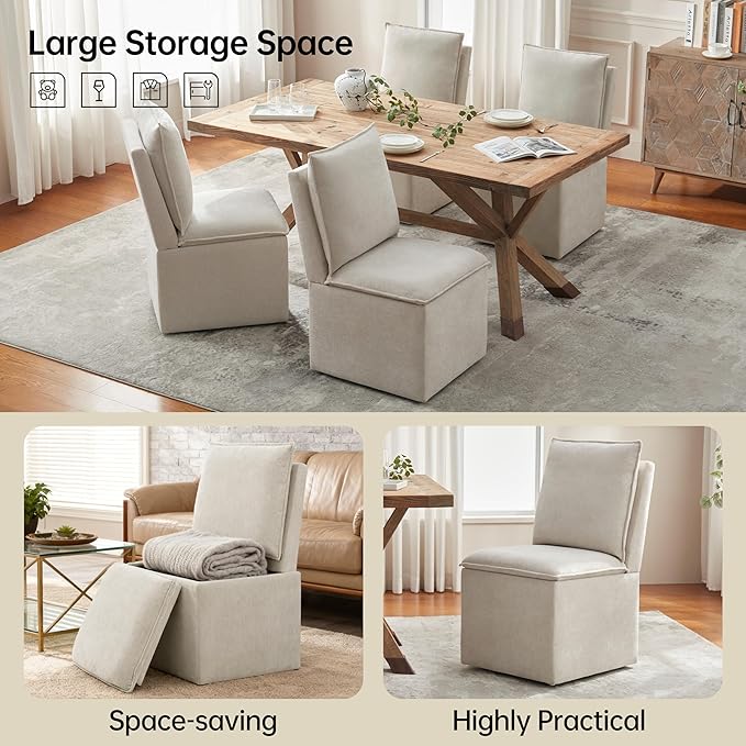 VKNOW Upholstered Dining Chairs Set of 2, Modern Rolling Chairs with Storage and Wheels, Linen Armless Chair with Cushion and Backrest, Dining Room Chairs for Living Room Kitchen Bedroom, Beige