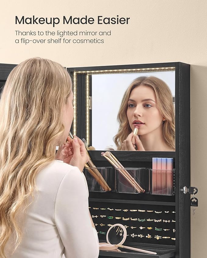 SONGMICS 55 Inches Tall Spacious Jewelry Cabinet, Jewelry Armoire with Light-Up Interior Mirror, Wall or Door Mounted Jewelry Storage Organizer, Lockable, Gift Idea, Black UJJC032BZ01