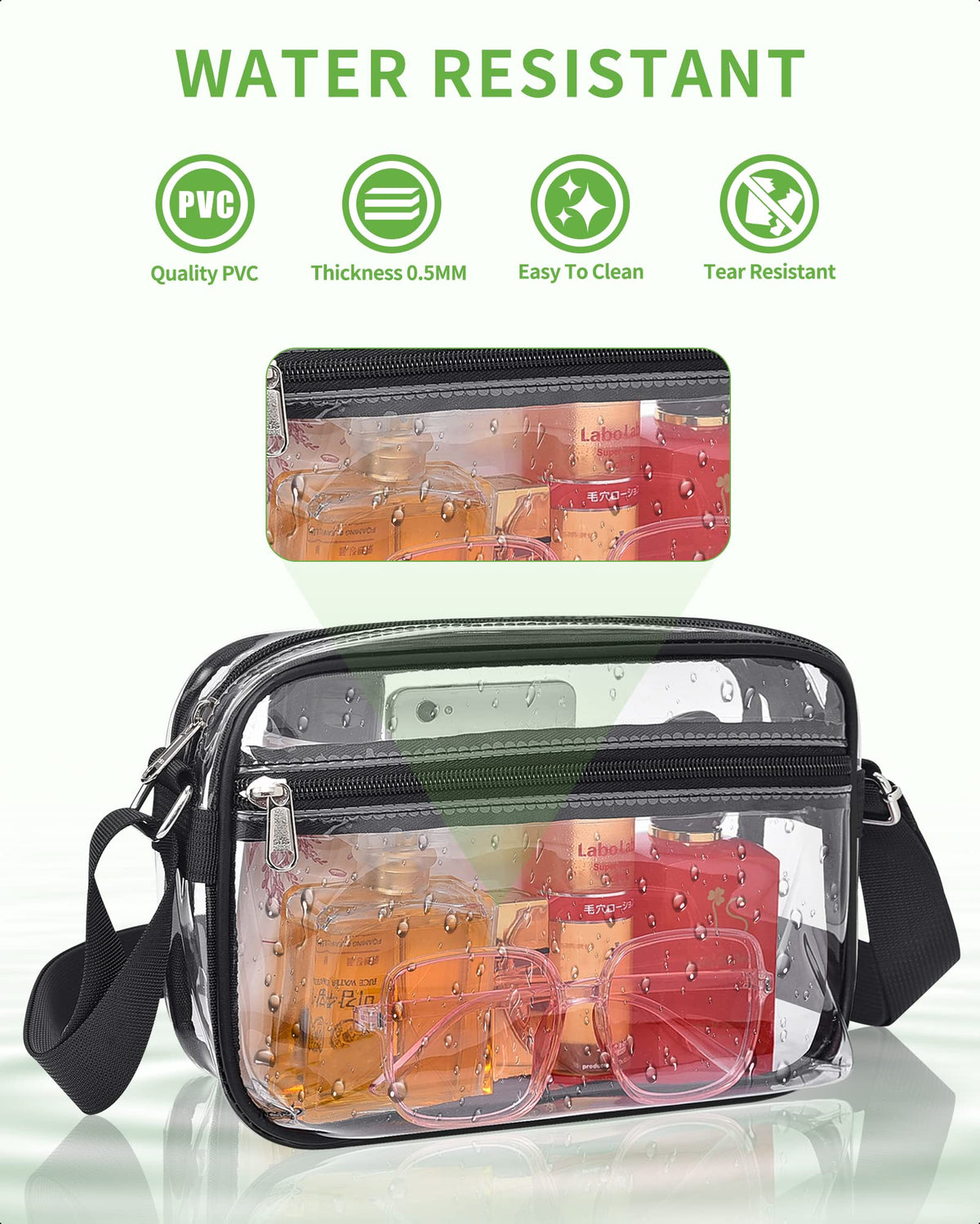 MAY TREE Clear Bag for Stadium Events, Small Clear Purse Suitable for Concert Outfits, Sports, Work and Festivals, Mini-Black