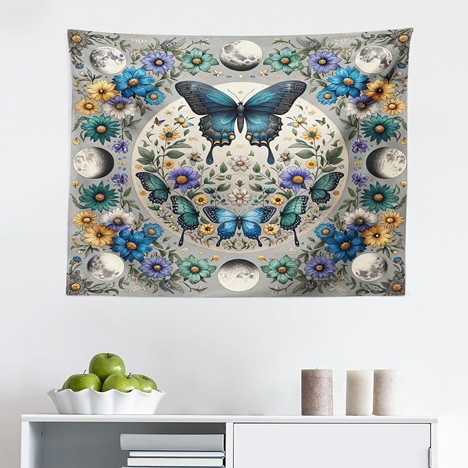Ambesonne Boho Tapestry, Wreath of Colorful Flowers with Moon and Butterfly Pattern Witchy Scenery, Fabric Wall Hanging Decor for Bedroom Living Room Dorm, 28" X 23", Sea Blue Pale Grey Teal