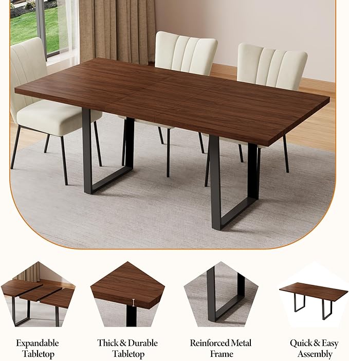 ZckyCine 51"-67" Expandable Dining Table Set, Modern 7-Piece Dining Room Set with 6 Velvet Upholstered Chairs, Walnut Wood Finish, Space-Saving Table for Home, Apartment, or Restaurant