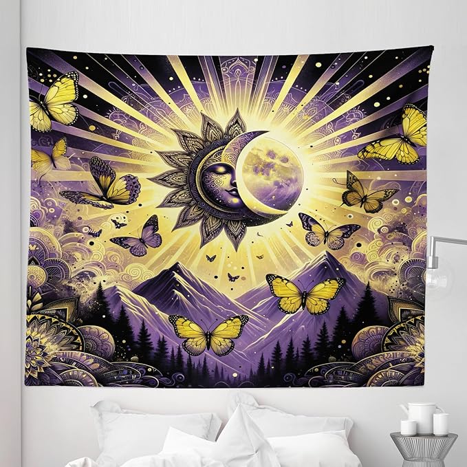 Ambesonne Boho Tapestry King Size, Sun and Moon Art Concept Esoteric Mountain Scene with Dancing Butterfly, Wall Hanging Bedspread Bed Cover Wall Decor, 104" X 88", Violet Mustard Dark Grey