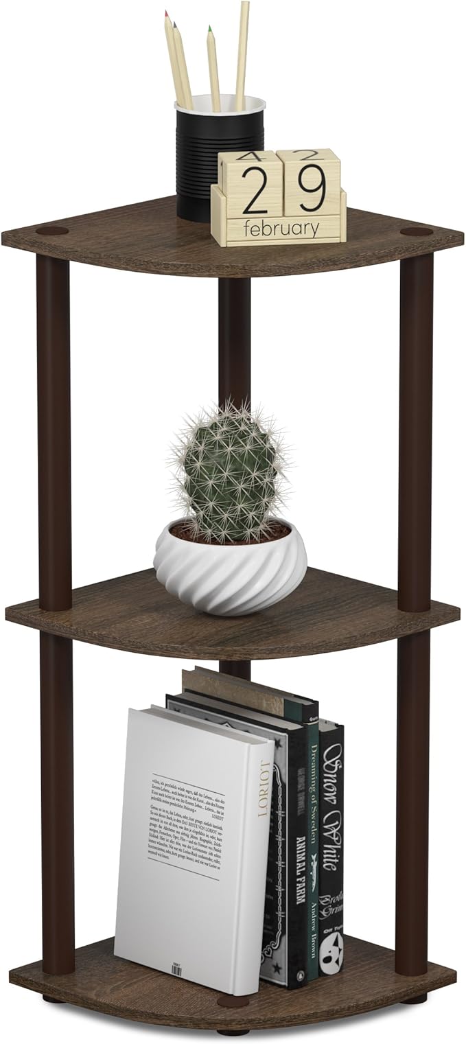 Furinno TURN-N-TUBE Corner Shelf, 3-Tier Corner Bookshelf, Display Storage Shelves with Open Shelves, for Organization and Storage, Living Room, Home Office, Garage, Walnut