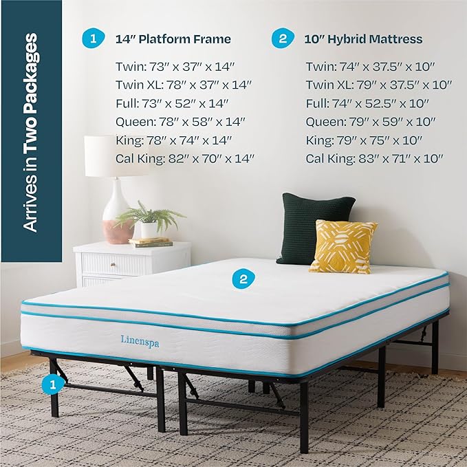 Linenspa 10” Memory Foam and Innerspring Hybrid Mattress + 14” Black Metal Platform Bed – Twin XL Mattress + Metal Folding Twin XL Bedframe