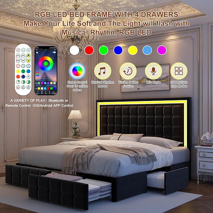 Full Led Bed Frame with 4 Storage Drawers, Bed Frame with Led Lights No Box Spring Needed, Supports 900 lbs, Easy Assembly, Quiet and Sturdy Design, Velvet Black