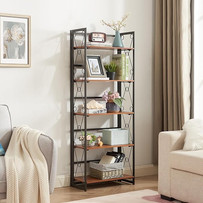 VECELO Folding Bookshelf 5-Tier,Industrial Metal Frame & Wood Shelves,Foldable Bookcase Easy Assembly Free Standing Tall Storage Organizer for Living Room,Office,Bedroom