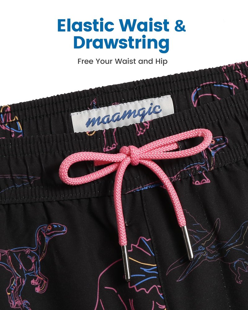 maamgic Mens Swim Trunks with Compression Liner 5 Inch, Quick Dry Bathing Suit with Zipper Pockets, Stretch No-Chafing Swim Shorts, Black-Pink Dinosaur Large