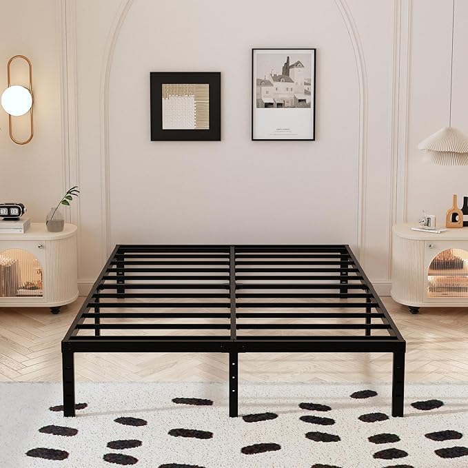 Cal King Bed Frame with White Fabric Cover, 14 Inch Heavy Duty Metal Platform Support Up to 3000 lbs with Steel Slats, No Box Spring Needed, Easy Assembly, Noise Free, Black