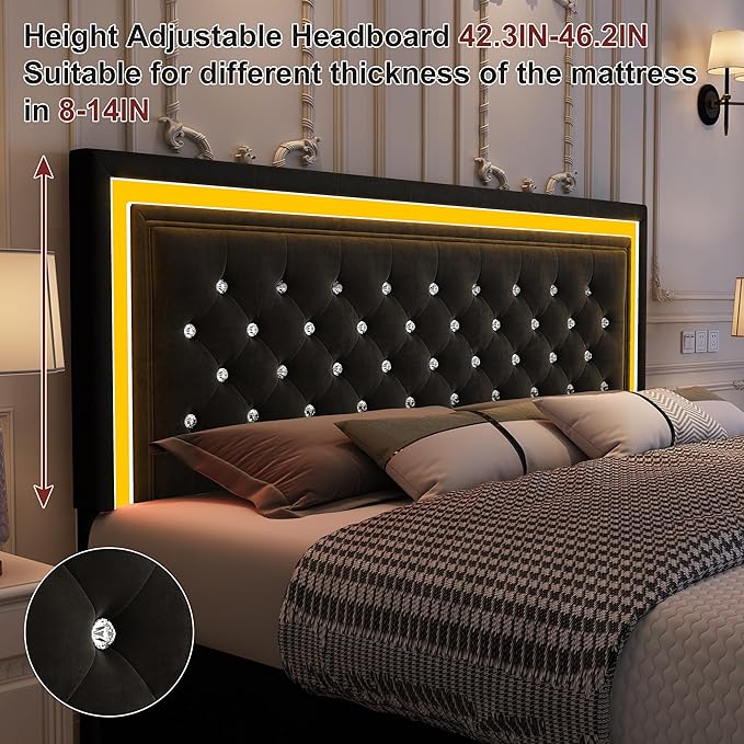 Full Bed Frame with LED Lights, Storage Drawers, No Box Spring Needed, 900 lbs Capacity, Easy Assembly, Velvet Black