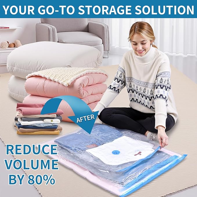 Vacuum Seal Bags for Clothing Travel, Large Space Saver Storage Bags (15 Pack) - Thickened Waterproof Compression Packing Cubes for Luggage, Mattress & Blanket Storage, Hand Pump Included