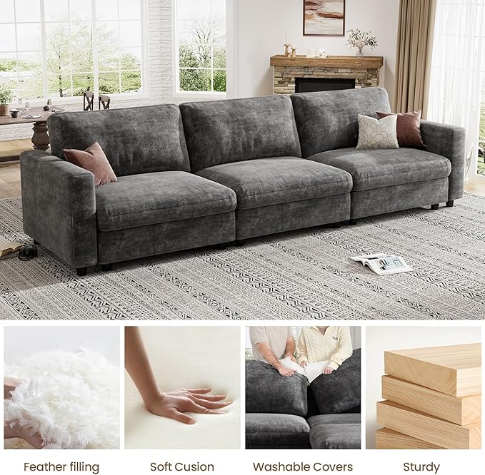 KKL Modular Sectional Sofa Couches for Living Room, 113" Sofa Couch with Adjustable Backrest, Chenille 3 Seater Sofa Couch with Comfy Cushion, Chenille, Grey