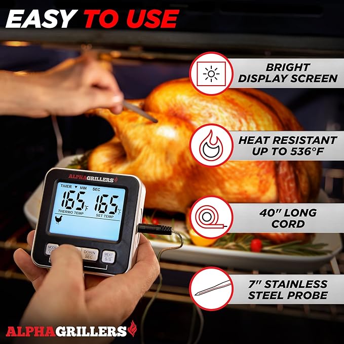 Alpha Grillers Meat Thermometer Digital, Wired Probe for Oven & Grill