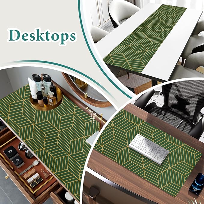 Shelf Liners for Kitchen Cabinets 23.6in x 30FT, Non Adhesive Cabinet Liner Strong Non-Slip Thickened Gold Green Geometric Drawer Liner, Easy to Clean for Shelf, Cabinet with Knife and Tape Measure
