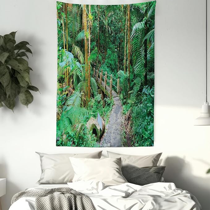 Ambesonne Puerto Rico Tapestry Twin Size, Tropical Rain Forest in San Juan Exotic Jungle Nature Photography, Wall Hanging Bedspread Bed Cover Wall Decor, 68" X 88", Green Pale Brown Ginger