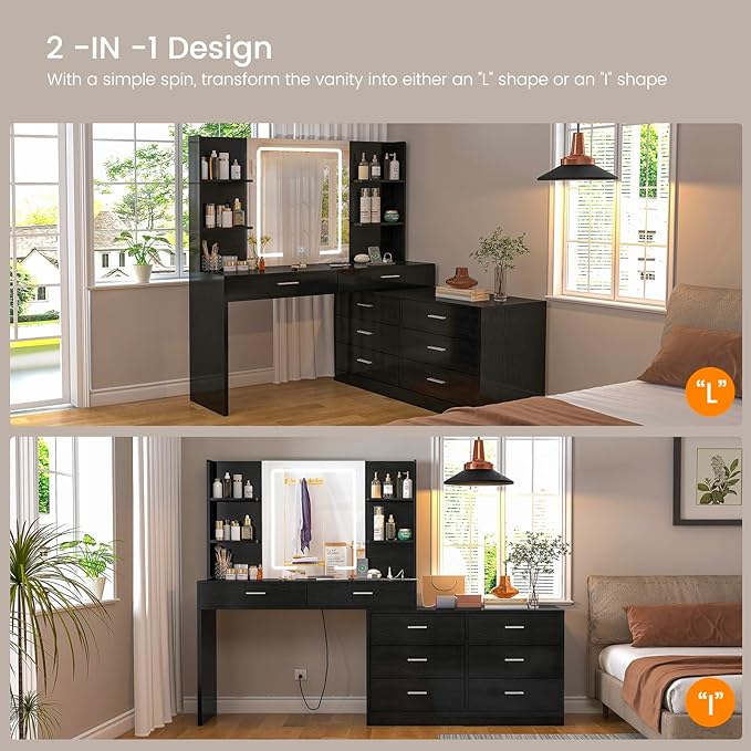 Vanity Makeup Desk with LED Light Mirror & Power Outlet, 8 Drawers, 6 Storage Shelves, 3 Color Modes & Adjustable Brightness Dressing Table, Corner Vanity, L Shape Change, 39.4”Desk, Black