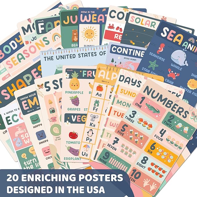 jackinthebox 20 Boho Pre-K Educational Posters - 12 x 17 inches Laminated, Homeschool & Classroom Decorations, Easter Gift for Toddlers Ages 1-3