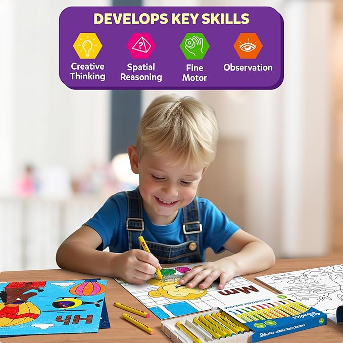 Skillmatics Color & Learn Activity Book – Letters, Numbers, Phonics & Shapes, 12 Retractable Mess-Free Crayons & 50 Pages, Educational Gift for Toddlers and Preschoolers Ages 3, 4, 5, 6