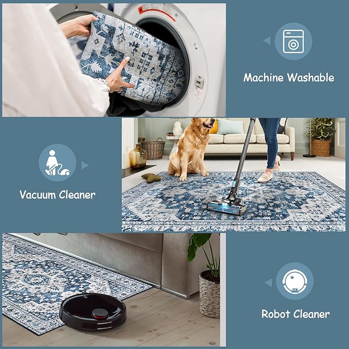 Moynesa Ultra-Thin Washable Area Rug - 3x5 Blue Kitchen Rugs Washable Rugs for Entryway Non Slip Front Door Mat, Non Shedding Low Pile Lightweight Indoor Carpet for Dorm Basement Foyer Living Room