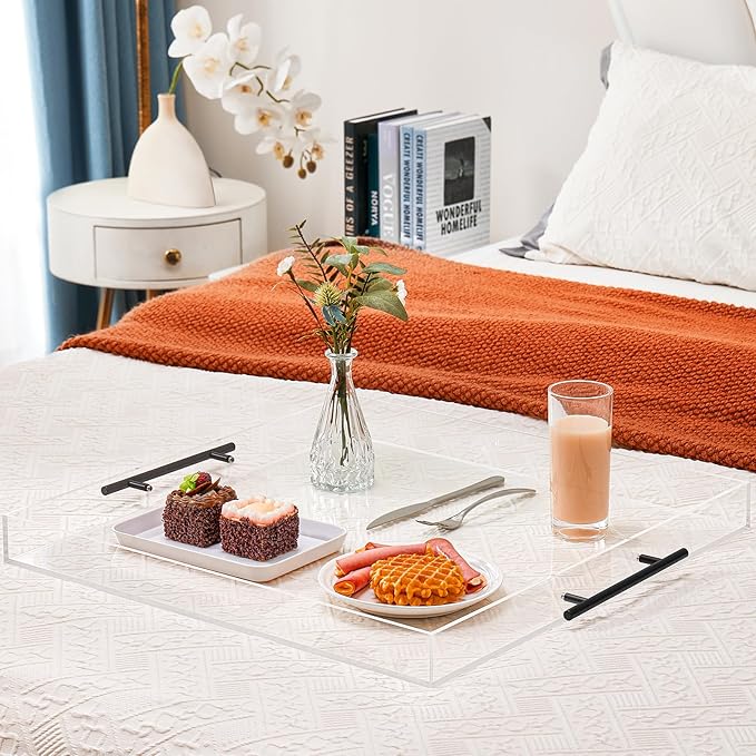 24×21 inches Oversized Clear Acrylic Ottoman Tray with Black Metal Handle and Safe Edge Extra Large Spill-Proof for Serving,Decorative King-Size Organizer Tray for Coffee Table Countertop