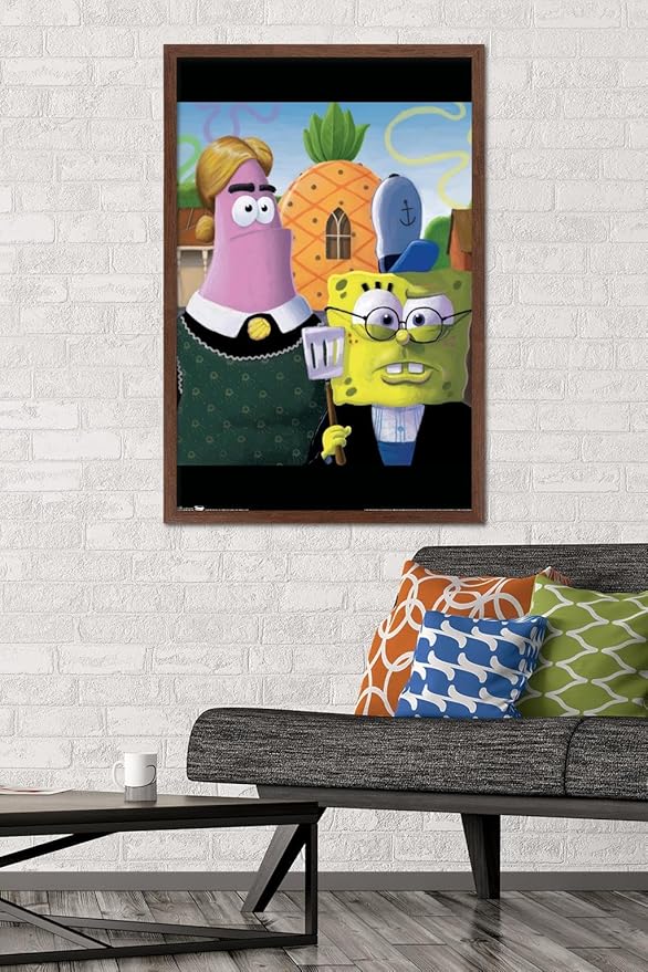 Trends International Nickelodeon Spongebob - American Gothic Wall Poster, 22.375" x 34", Mahogany Framed Version