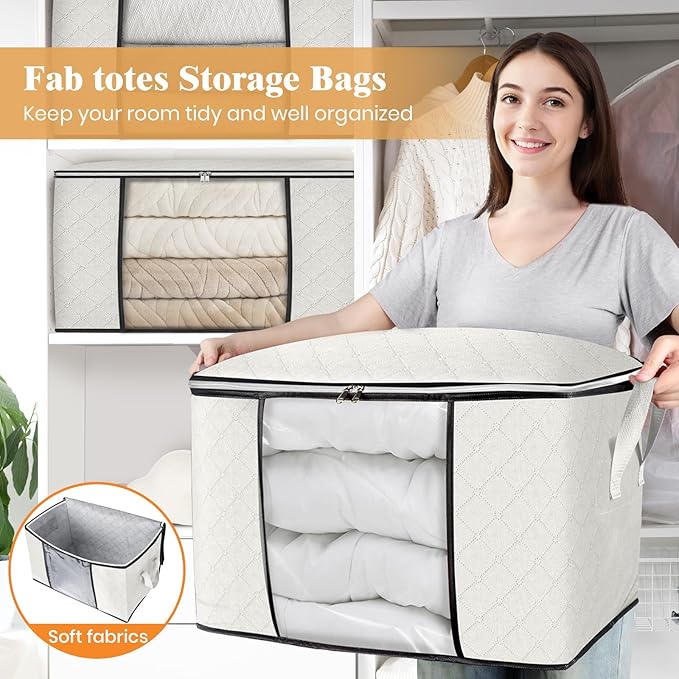 Fab totes 24 Gallons Clothes Storage, Foldable Thick Fabric Blanket Storage Bags, Containers for Organizing Bedroom, Closet, Clothing, Comforter, Organization with Handle (10 Pack,Ivory)