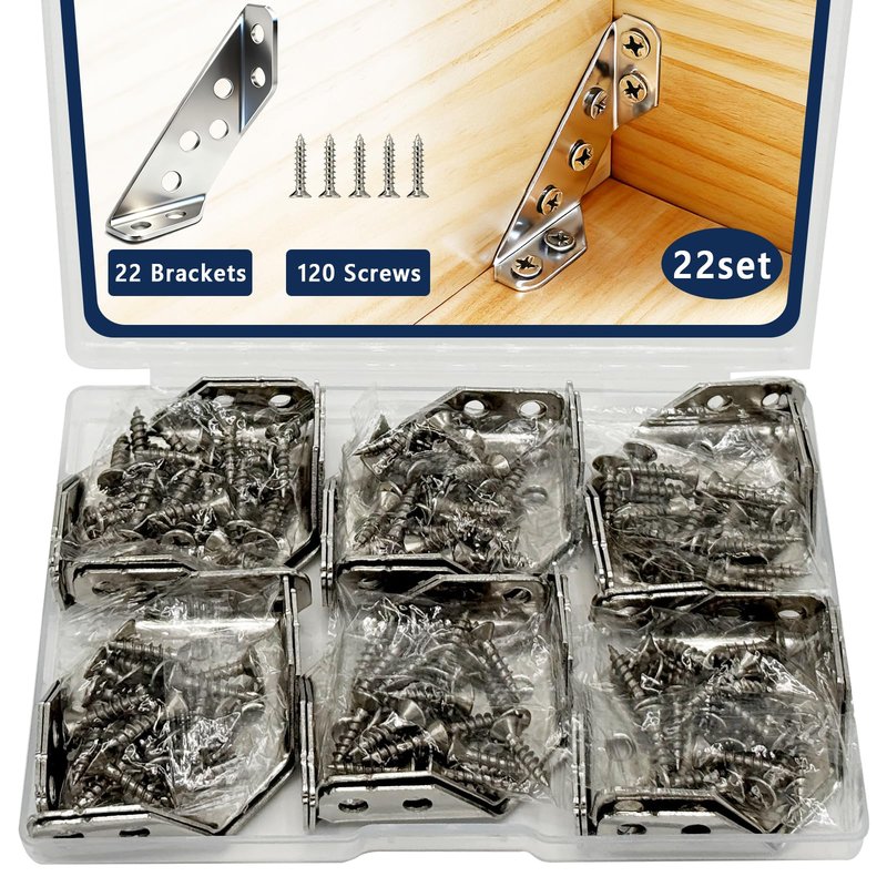 22-Pack Stainless Steel L Bracket with 120 Pieces Self-Tapping Screws, Universal Triangular Support Corner Bracket for Wood Furniture, L Brackets for Shelves, Drawers, Cabinets, Tables, and Chairs