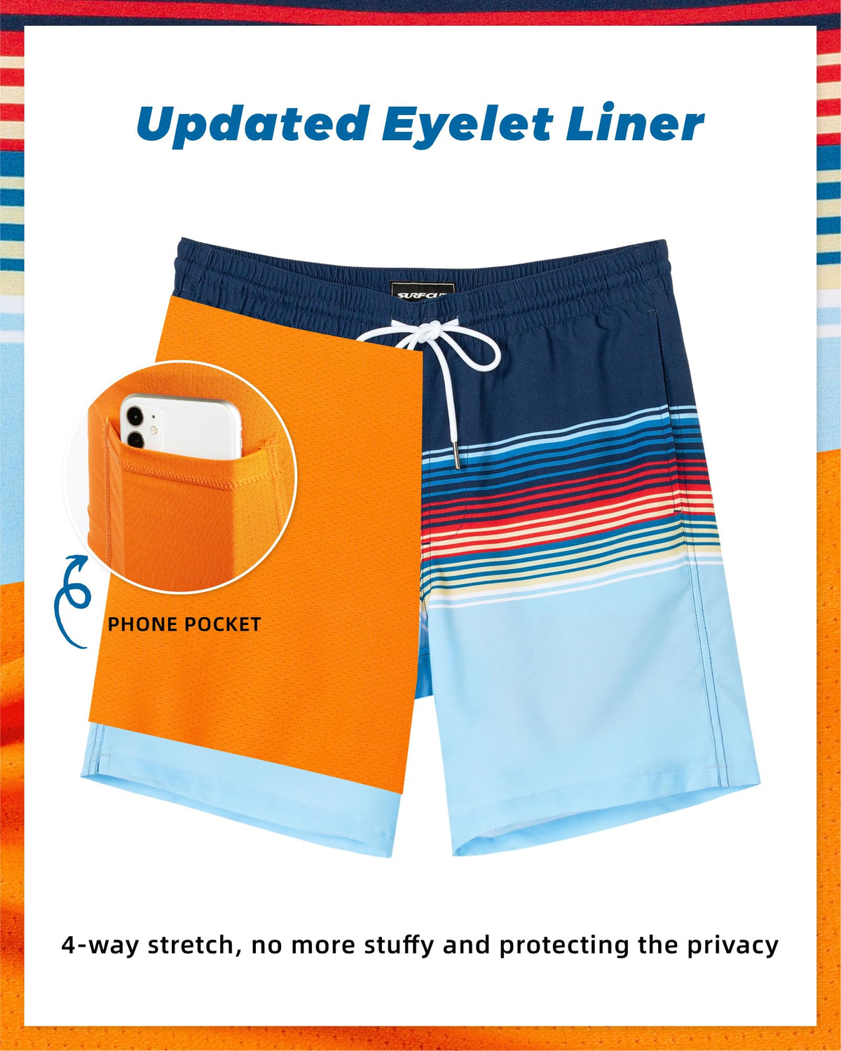 SURF CUZ Mens Swim Trunks with Compression Liner Quick Dry Swim Shorts 7" Swimming Trunks Stretch Zipper Pockets,Colorful Stripes,M