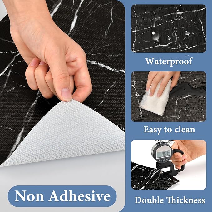 Drawer and Shelf Liner for Kitchen Cabinet: 12 in X 20 Ft Non Slip Waterproof Shelf Paper Non Adhesive Refrigerator Liners Black Marble Easy Liners for Bathroom with Knife Tape Measure