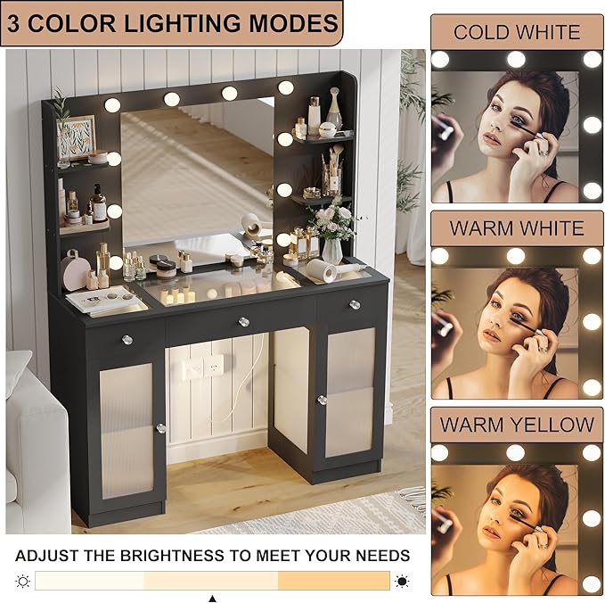 Makeup Vanity with Glass Top, Black Vanity Desk with Mirror and Lights, Big Vanity with Drawers & Cabinets for Bedroom, Cute Vanity with Crystal Knobs & Power Outlet for Women, Girls
