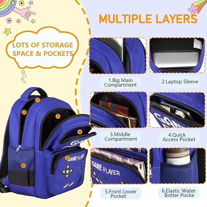Kids Backpack Boys Gamer Backpack with Lunch Box Kindergarten Elementary Middle School Travel Sport Gaming Bookbag for Boys Girls Ages 4-14, Gamer Blue