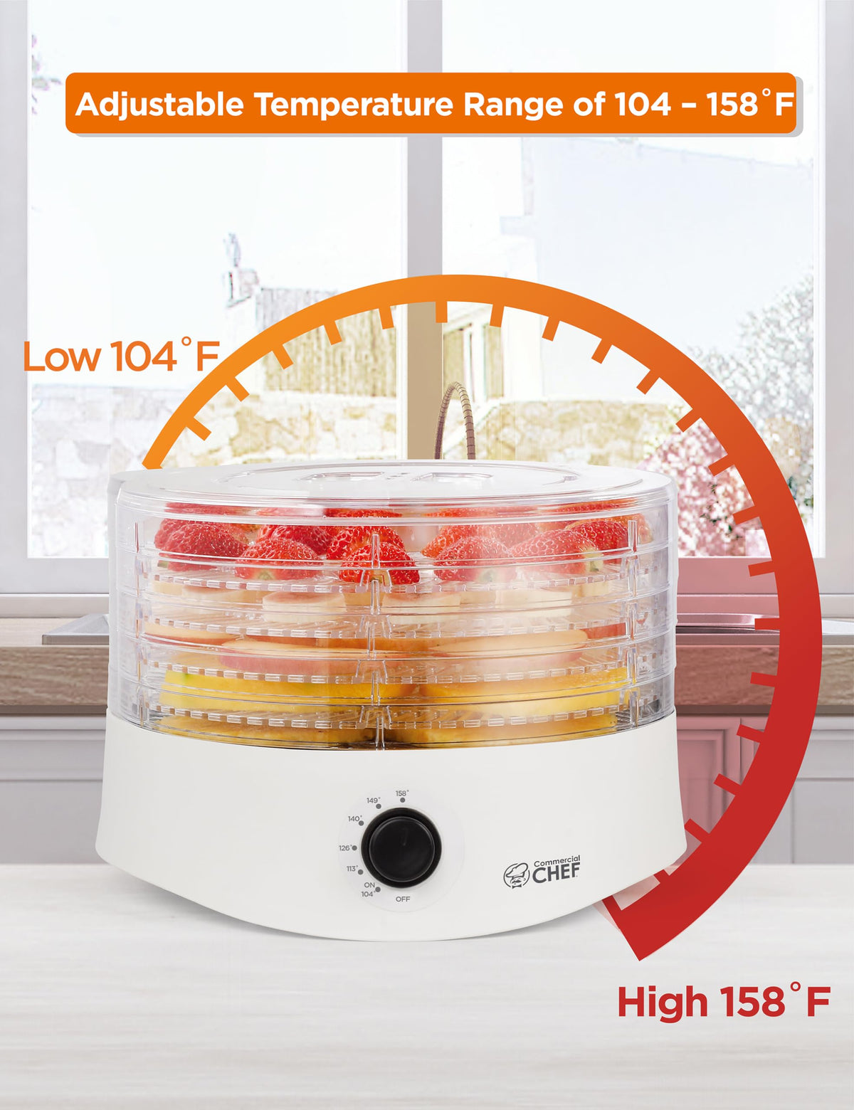 Commercial Chef Food Dehydrator, Five 9.25” BPA-Free Plastic Trays, Dehydrates and Dries Meat, Fruit, Veggies and Jerky, 280W Dehydration Machine, Adjustable Thermostat, CCD100W6, White