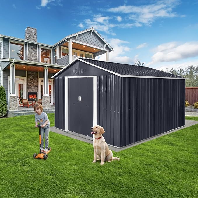 9 x 10.6 Ft Outdoor Storage Shed, Heavy-Duty Metal Shed with Windows & Secure Lockable Doors, Ideal Storage Shed for Outdoor, Patio, Garden, and Backyard, Black