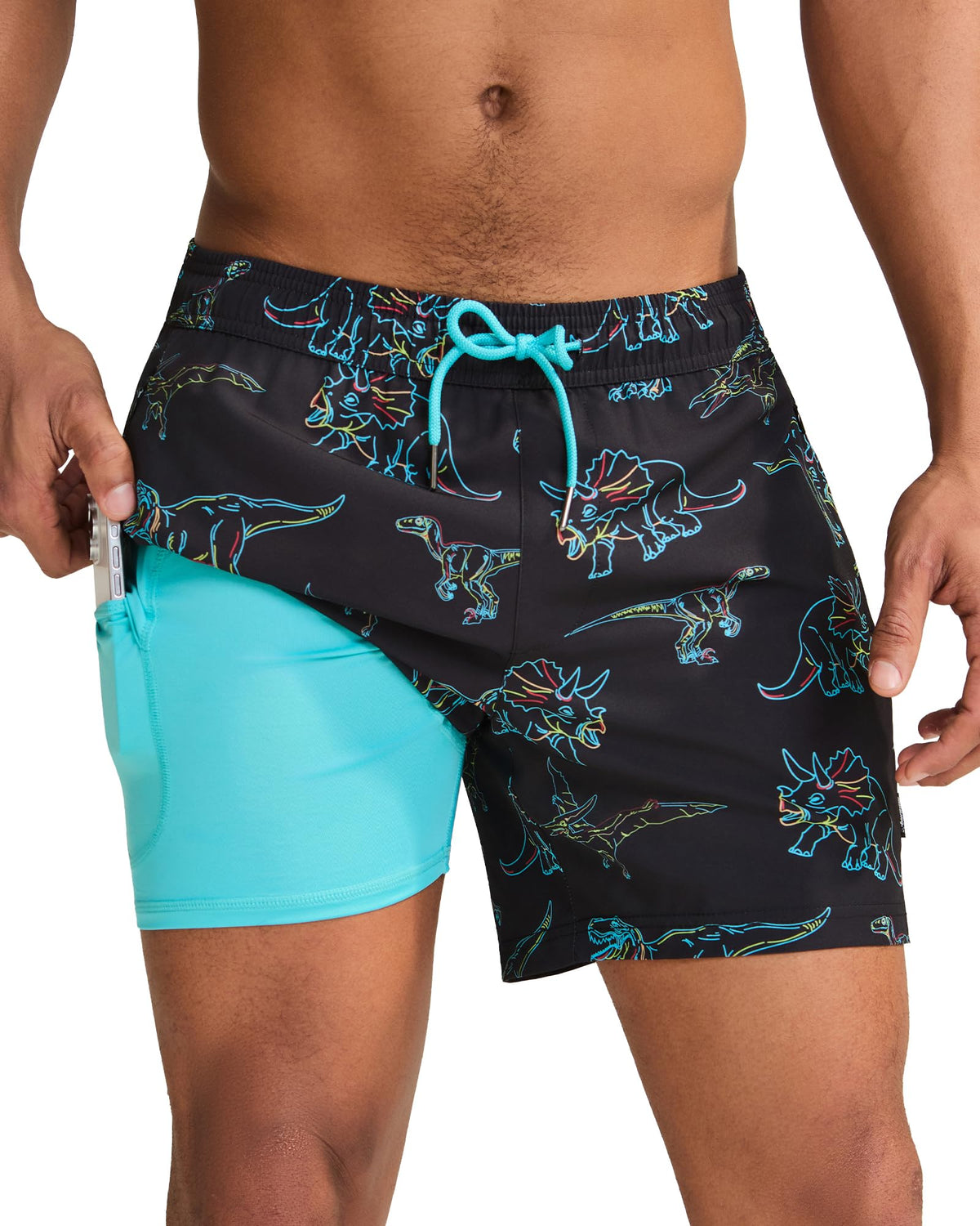 maamgic Mens Swim Trunks with Compression Liner 5 Inch, Quick Dry Bathing Suit with Zipper Pockets, Stretch No-Chafing Swim Shorts, Black-Colorful Dinosaur X-Small