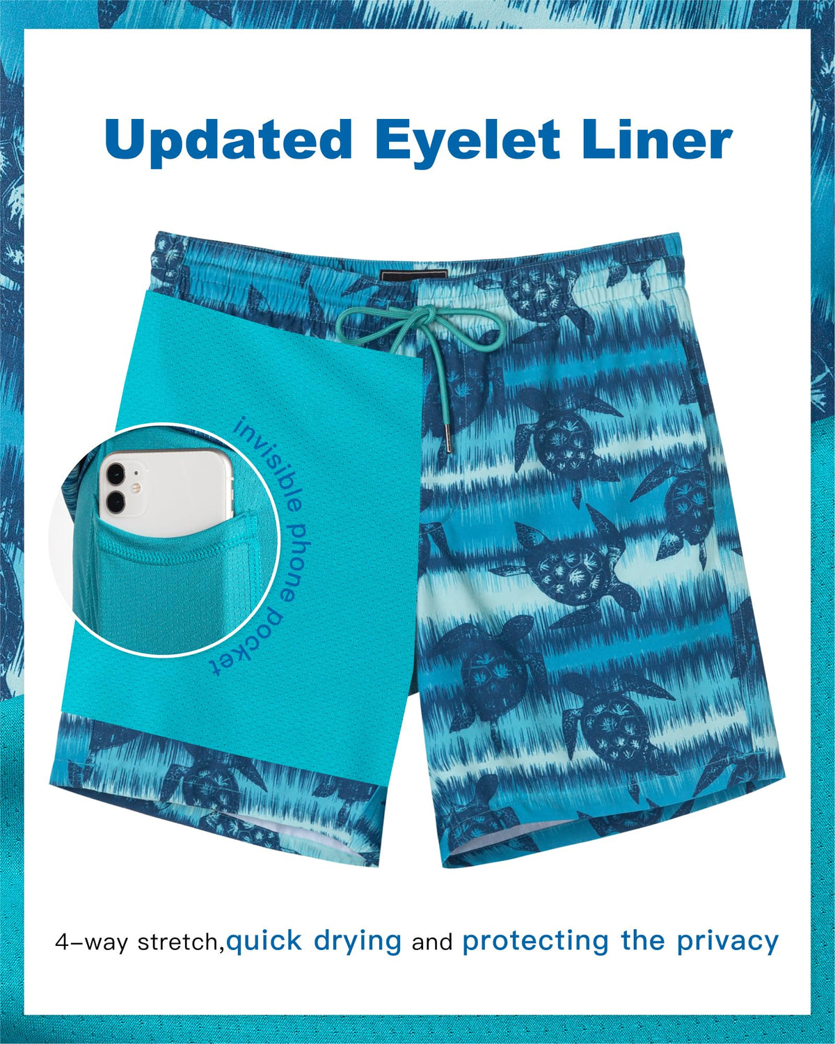 SURF CUZ Mens Swim Trunks with Compression Liner Quick Dry Swim Shorts 7" Swimming Trunks Stretch Bathing Suit Zipper Pockets,Turtle Tide,XS