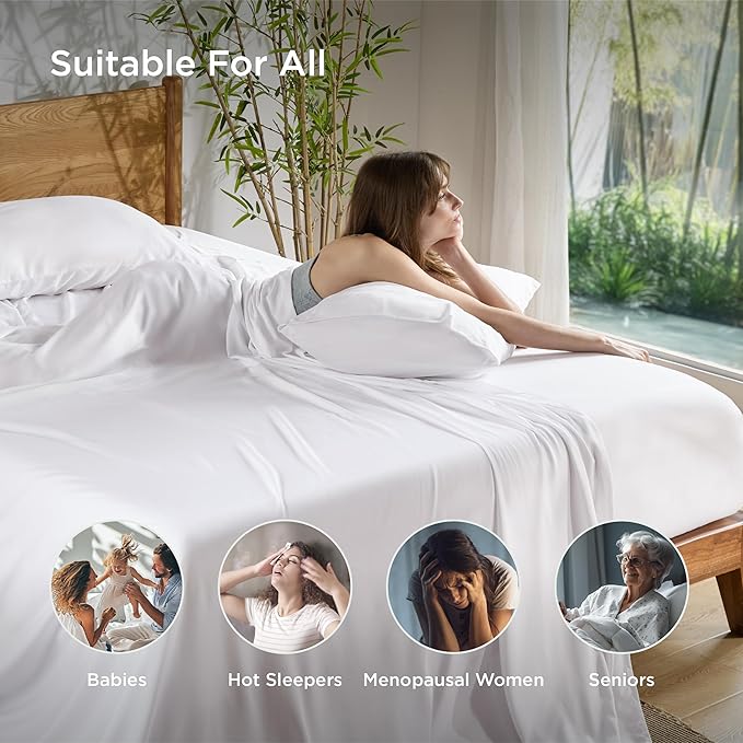 Bedsure Full Size Bed Sheets, Cooling Sheets, Rayon Derived from Bamboo, Deep Pocket Up to 16", Breathable & Soft, Hotel Luxury Silky Bedding for Hot Sleepers, White