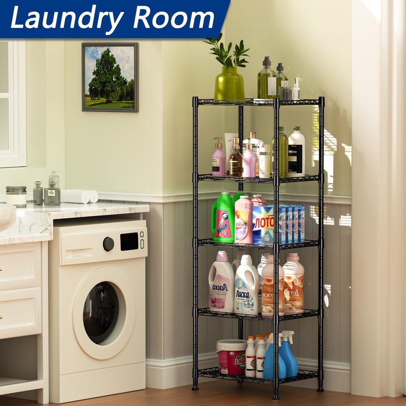 REGILLER 5-Wire Shelving Metal Storage Rack Adjustable Shelves,Standing Storage Shelf Units for Laundry Bathroom Kitchen Pantry Closet(Black,11.8" D x 16.6" W x 53.5" H)