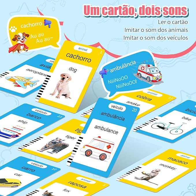 Portuguese (Brazil) & English Talking Flash Cards for Toddlers, Bilingual Flash Cards Learning Montessori Toys with 224 Sight Words, Speech Therapy Toys for Children Sensory Preschool Education Gifts