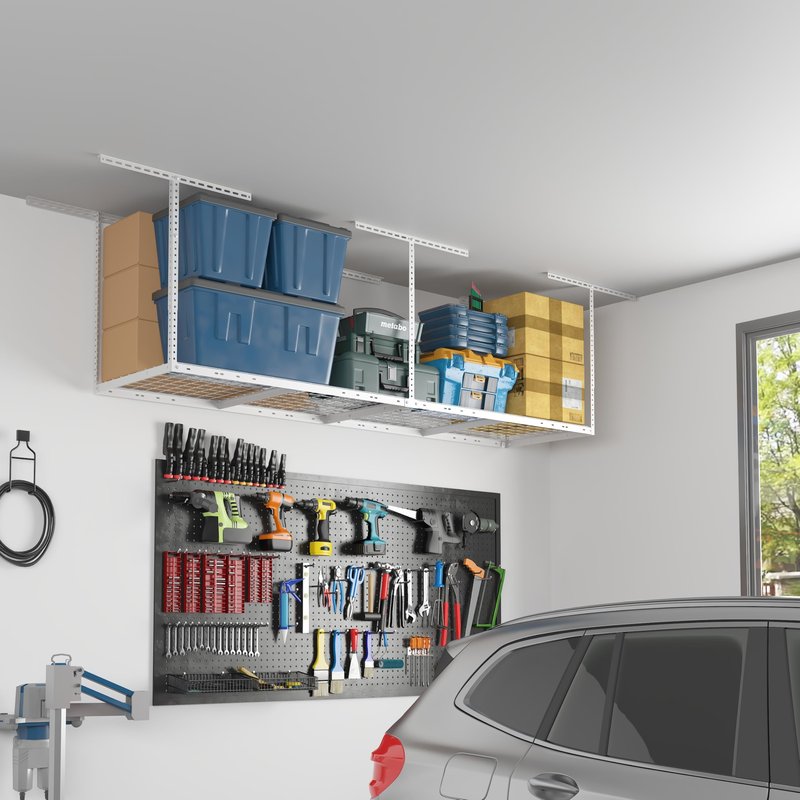FLEXIMOUNTS 2x8 Overhead Garage Storage Rack,Adjustable Storage Organization System,Heavy Duty Metal Garage Ceiling Storage Racks,400lbs Weight Capacity,White, Classic Series