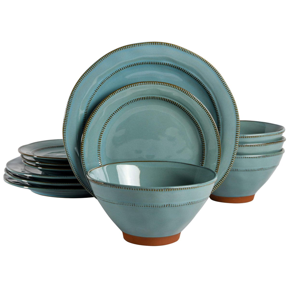 Gibson Elite 12 Piece (Service for 4) Townscape Plates and Bowls Reactive Glaze Embossed Round Dishes Terracotta Ceramic Dinnerware Set - Dark Green