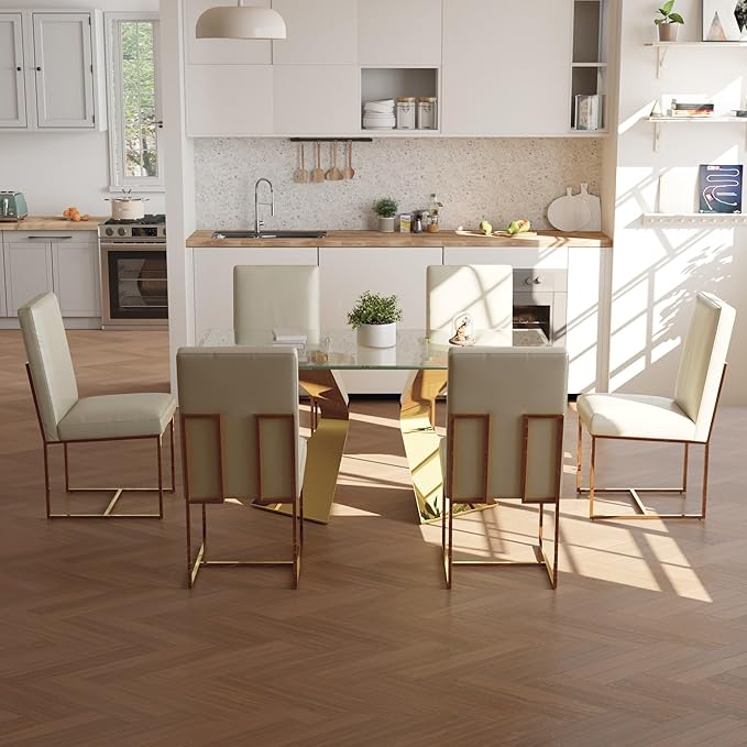 AUZ Dining Chairs Set of 4, White Faux Leather Mid Century Modern Chairs with Gold Stainless Steel Sled Legs